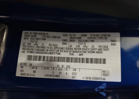 2019 Ford Escape Se z USA, uszkodzony, nr VIN 1FMCU9GD2KUB07749